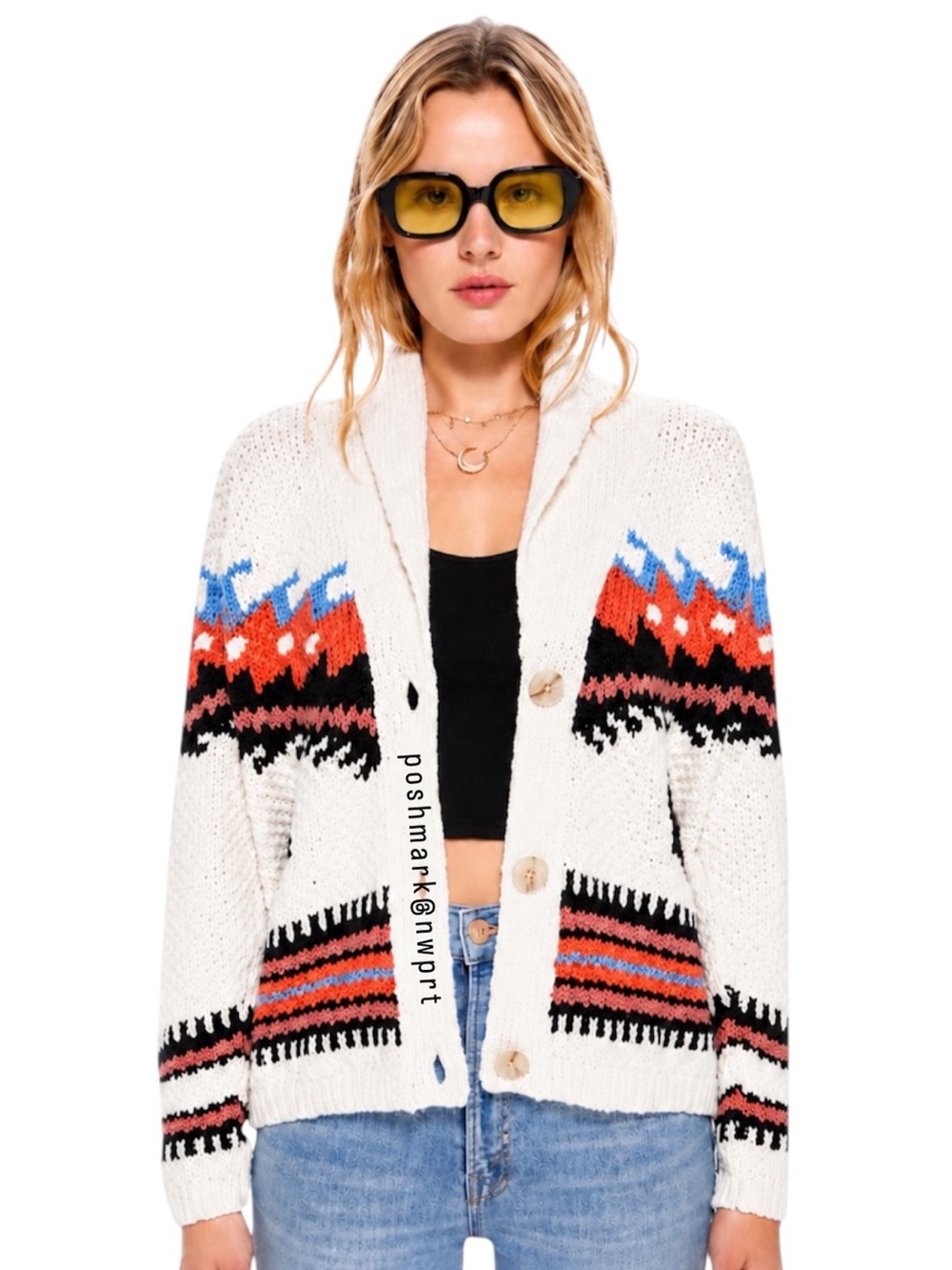 MOTHER De Gaulle Shawl Collar Cotton Knit Cardigan Sweater XS Cream White Boho